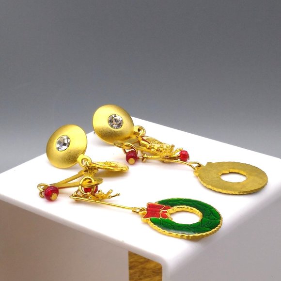 Fun Christams Shoulder Duster Earrings, Gold Tone Crystals Drop to Whimsical - Picture 3 of 3